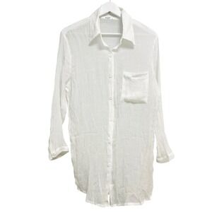 Breezy Lane‎ Shirt Womens Large White Sheer Crinkle Button Front Beach Casual